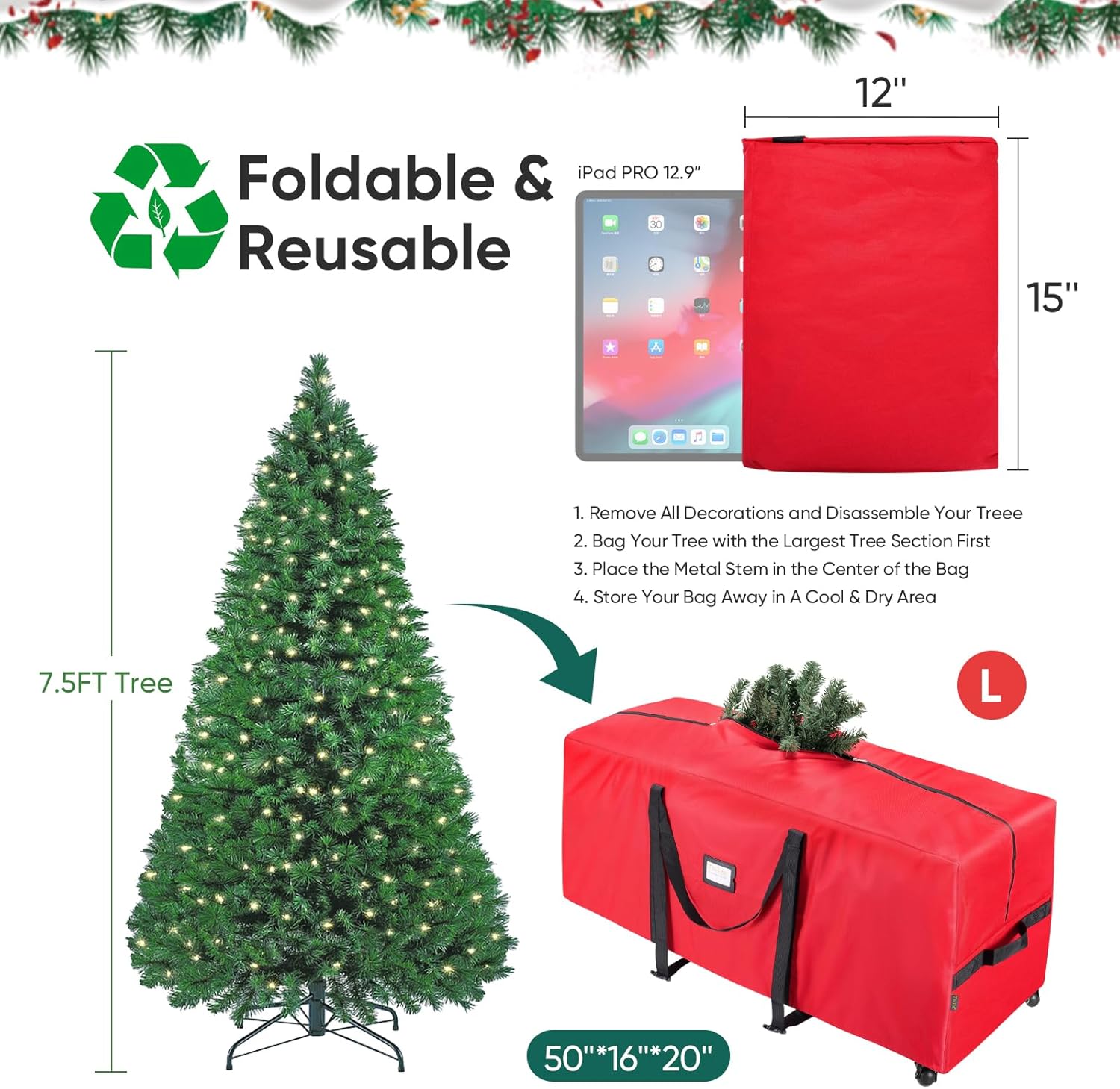 BALEINE 7.5 ft Rolling Christmas Tree Storage Bag, 2 Swivel Wheels for Easy Moving, Heavy Duty 600D Oxford Fabric Extra Large Artificial Christmas Tree Bag with Reinforced Carry Handles (Grey) - Image 4