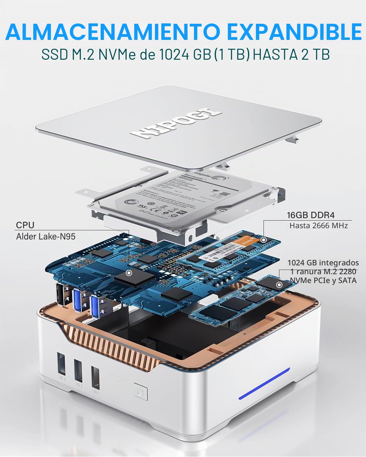 NiPoGi Mini PC 1024GB(1TB) M.2 SSD,12ª Gen Intel Alder Lake-ɴ95 (hasta 3,4 GHz, 15W TDP),16GB DDR4 Ordenadores, 4K Computador 2xHDMI/VGA/WiFi 5/BT4.2/RJ45 for Escuela Educación Oficina