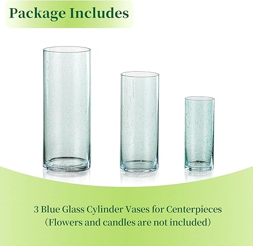 Miniatura 7 de Centros de mesa cilíndricos de vidrio azul únicos con aspecto de gota de lluvia, 3 portavelas de huracán altos soplados a mano para velas de pilar,
