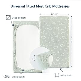 GRSSDER Stretch Ultra Soft Jersey Knit Fitted Crib Sheets Set 2 PackFit All Standard Crib Mattress Pads Safe and Snug, Crib Fitted Sheet for Baby, Dinosaur