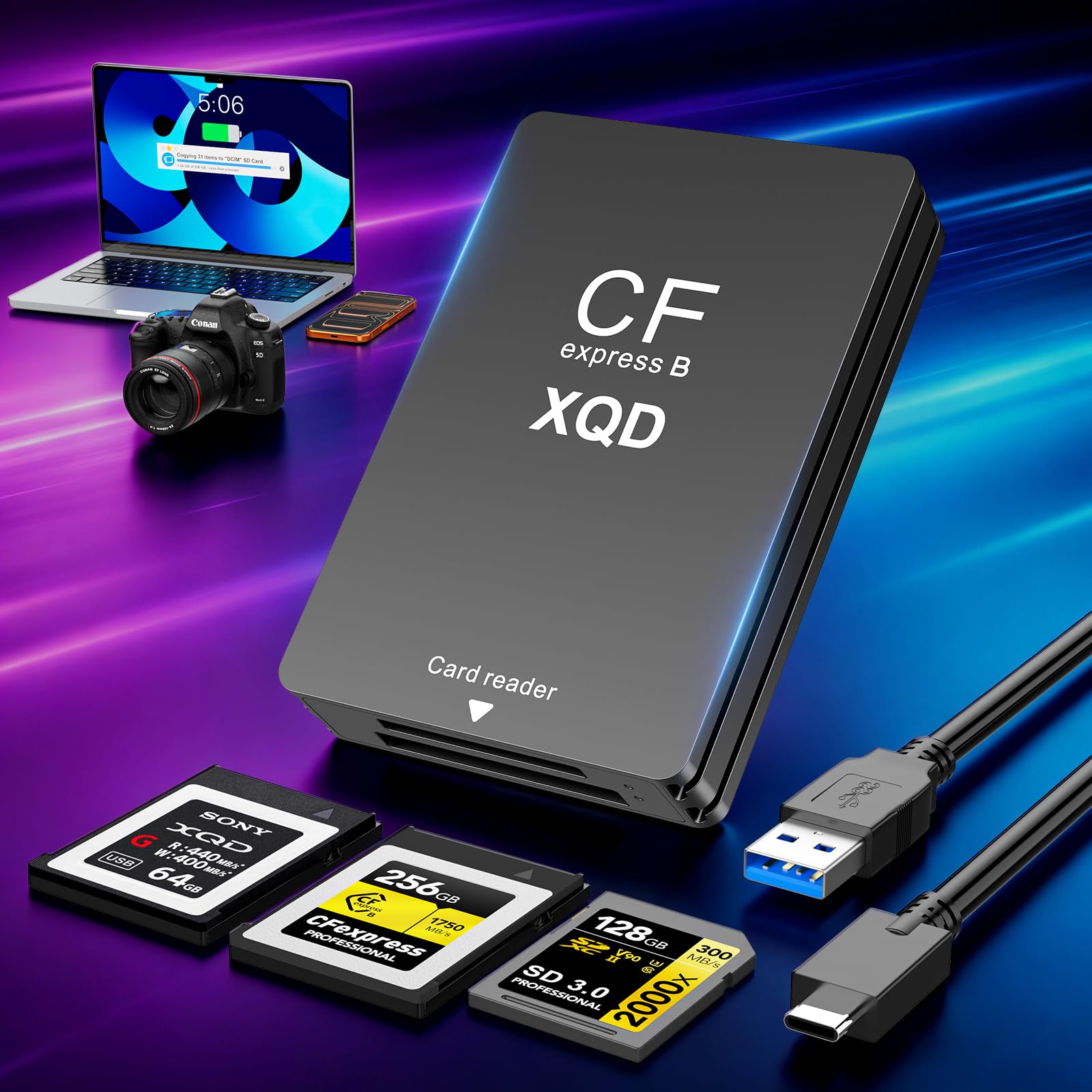 3 in 1 Lettore di schede CFexpress di tipo B,XQD e SD,USB 3.1 (Gen 2) 10 Gbps adattatore lettore di schede CF Express di tipo B con cavo USB-A e USB-C,compatibile con Windows/Mac/Linux/Android,Nero