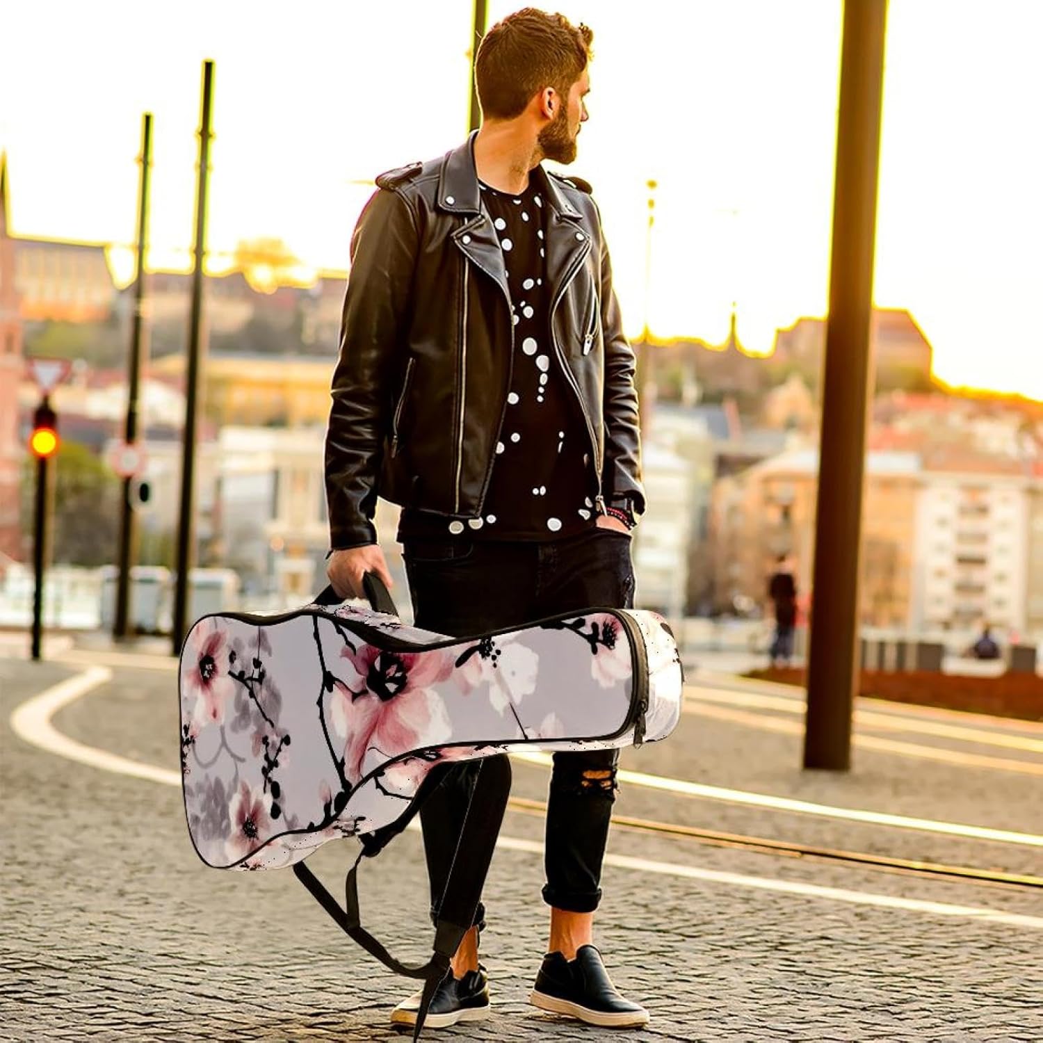 40/41/42-inch Pink Cherry Blossoms Acoustic Guitar Bag With Adjustable Shoulder Strap And 2 Storage Bags. Guitar Bag With Back Hanging Loop, Electric, and Classical Guitars