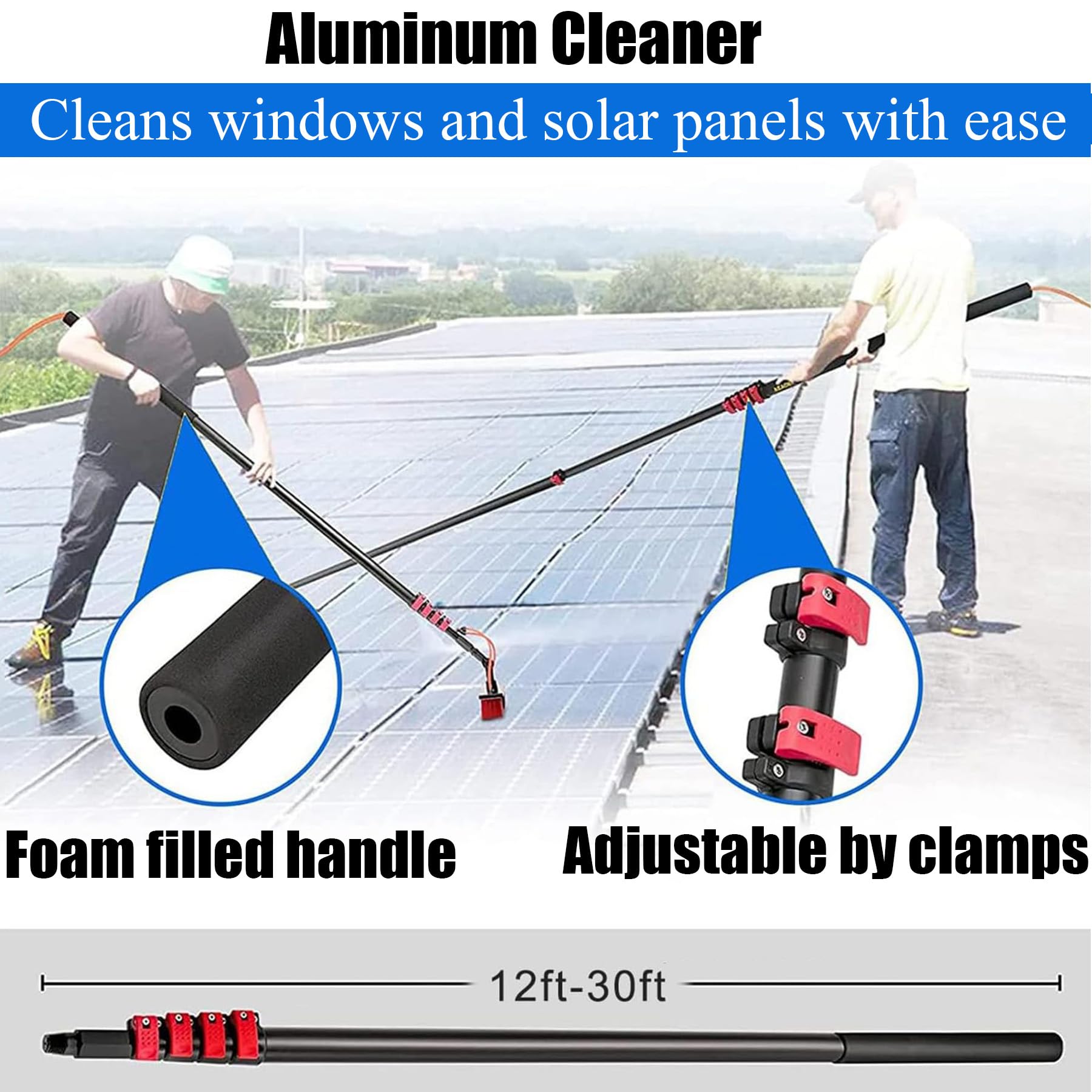 Cepillo telescópico para Limpiar Ventanas con rasqueta y Mango con Suministro de Agua para la Limpieza de techos solares. Cepillo de Lavado Universal para Paneles fotovol