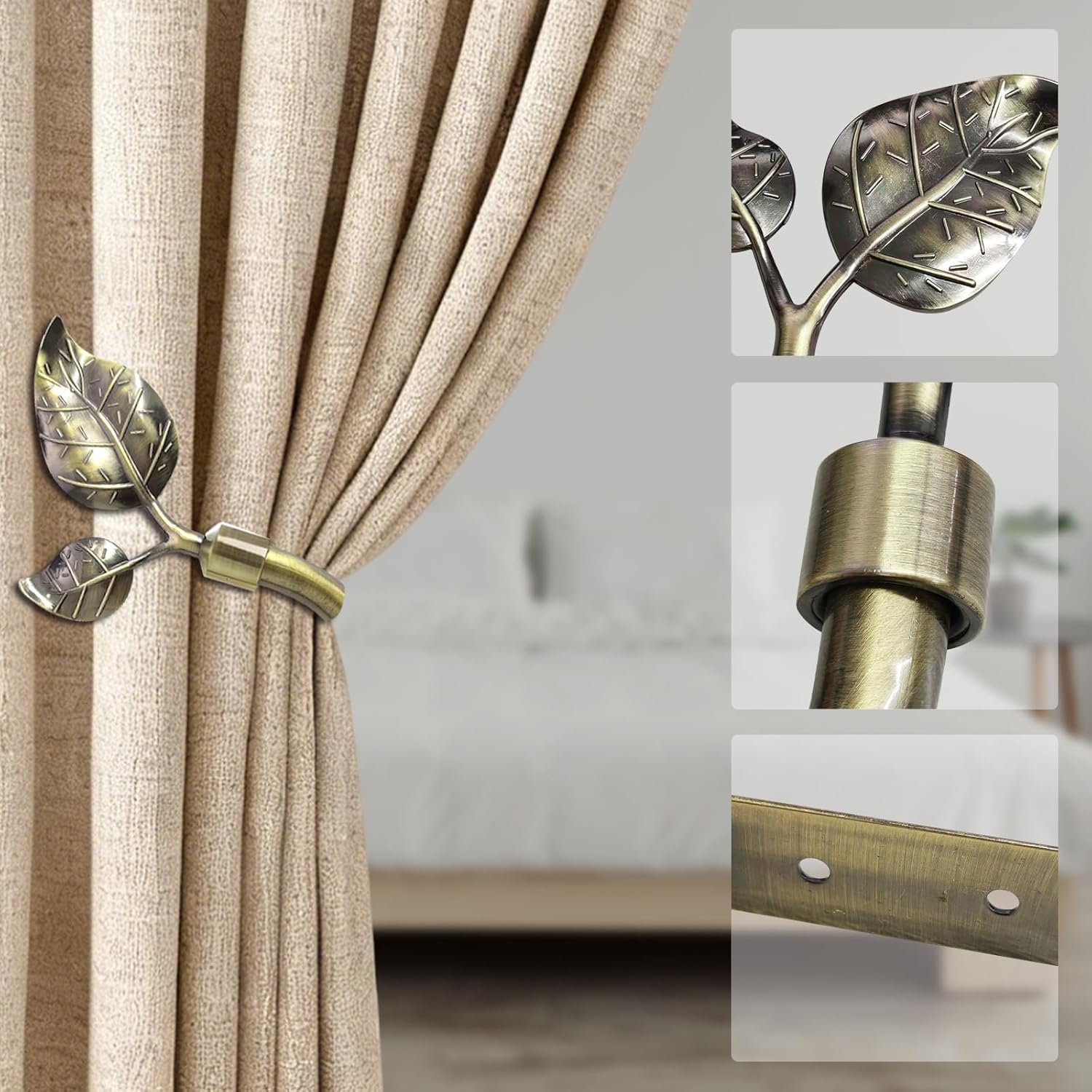 COCIVIVRE 4 Pack Curtain Holdbacks, Leaf Shaped Curtain Hooks for Wall, Metal Curtain Tiebacks for Drapes Window Home, Office Decoration, Antique Bronze
