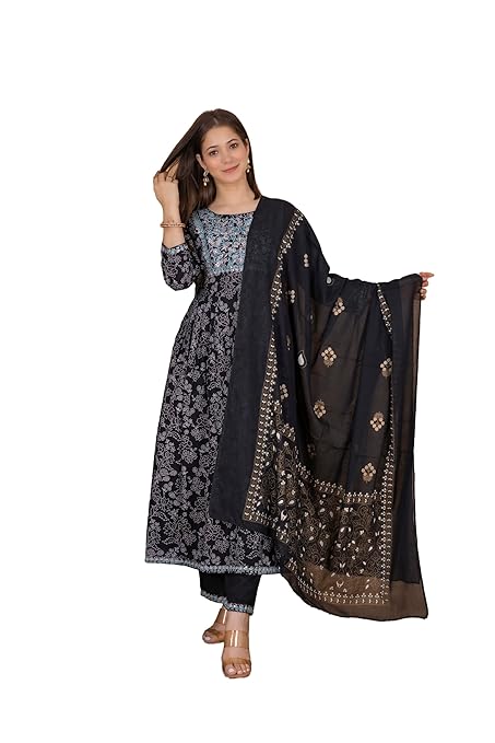 Women's Rayon Printed White Zari Embrodriery Side Cut Kurta with Palazzo & Dupatta Set