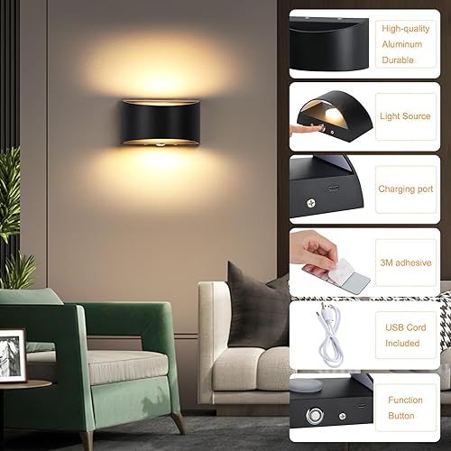 Miniatura 9 de Lightess Aplique de pared LED, lámpara de pared regulable con USB recargable, control táctil, lámpara de montaje en pared arriba hacia abajo, color