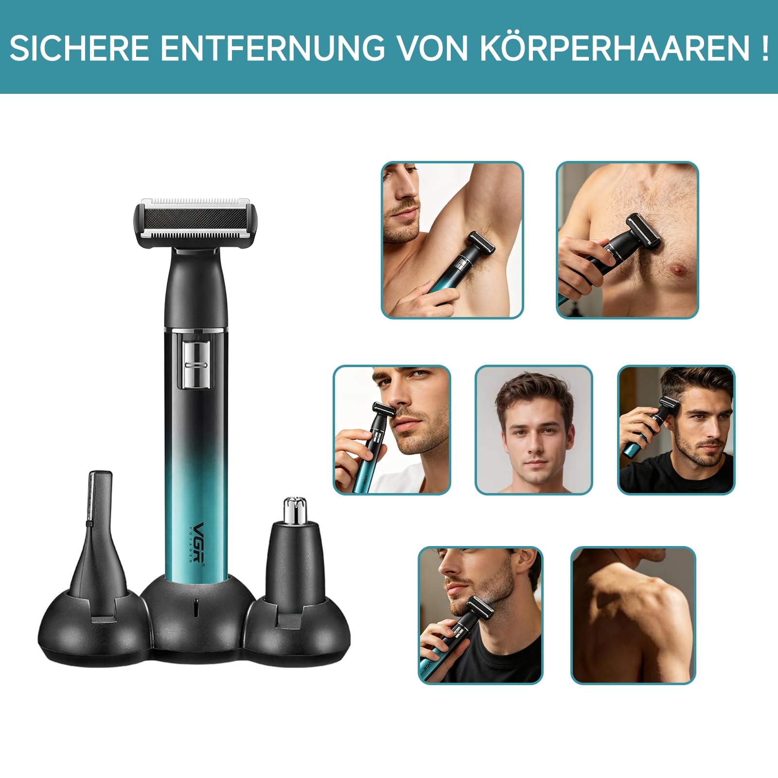 VGR 628 3 in 1 Körperrasierer Herren, Kabelloser Intimrasierer Mann, Nasenhaartrimmer Herren und Body Groomer Men mit Basis, Geeignet für Brust, Beine, Achselhöhlen, Nase und Gesicht, IPX5, Grün