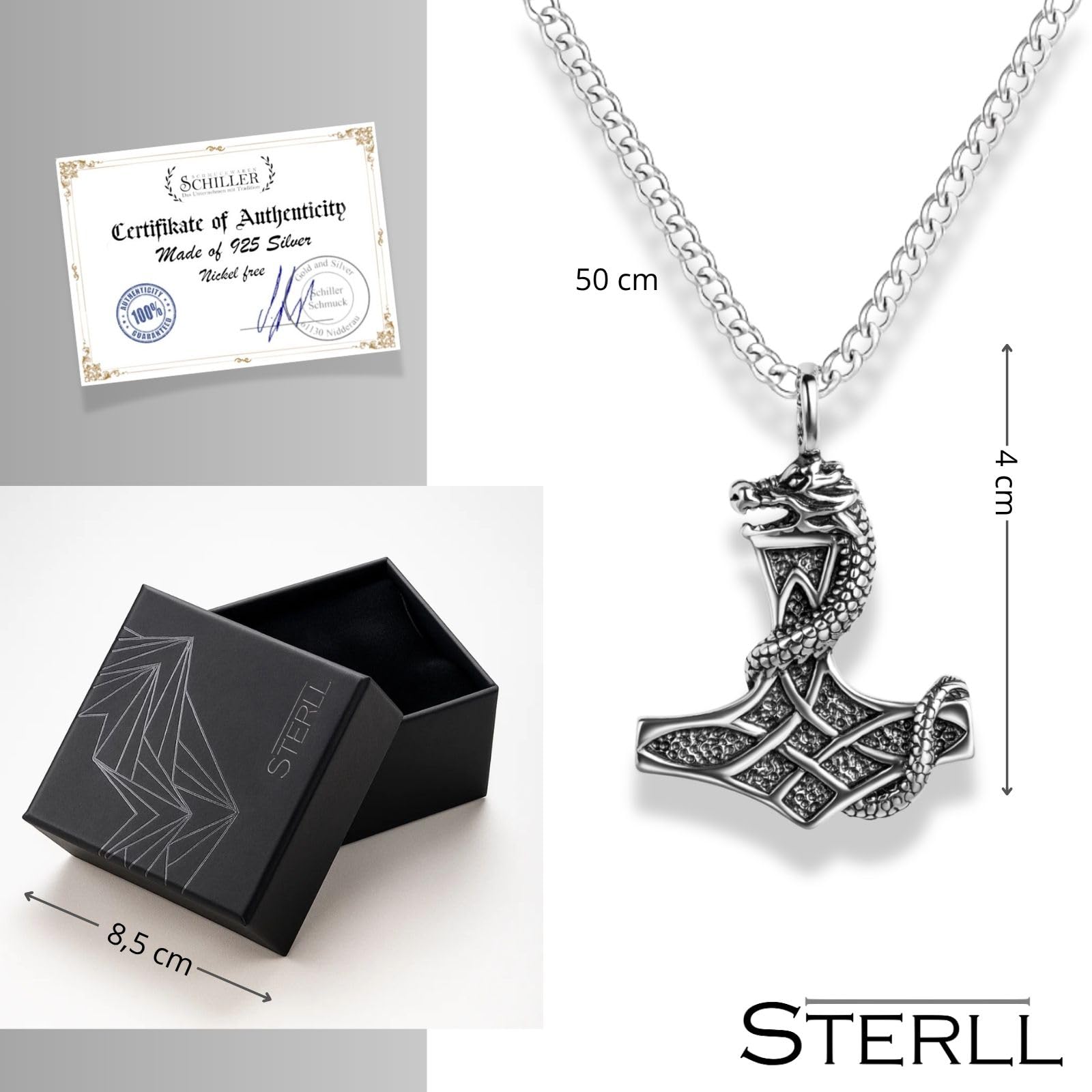 Herren Kette Echt Silber Thor Wikinger Hammer Mythos Anhänger Amulett Öko-Verpackung Geschenk für Mann