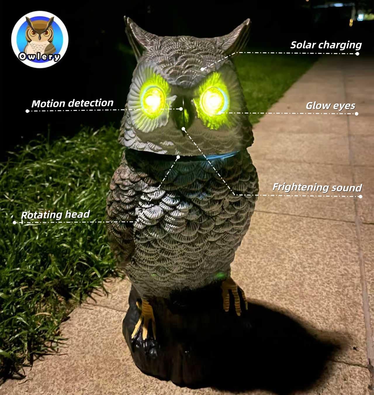 Brown Solar Owl with Motion Detector, Flashing Eyes, Spinning Head, Realistic Hooting and Silent Mode, Garden Owl, Outdoor Statue, Decoration for Home, Garden, Patio and Fence - Image 3