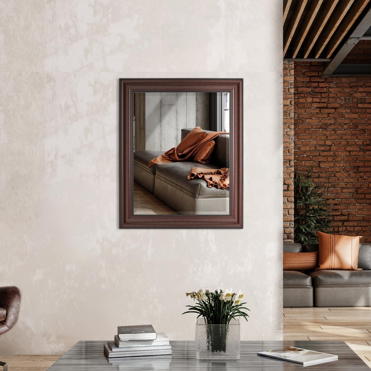 Head West Deep Cherry Framed Rectangle Wall Mirror with Beaded Inner Frame, Decorative Beveled Bathroom Mirror for Over Sink, Bedroom, and Living Room, 28" x 34"
