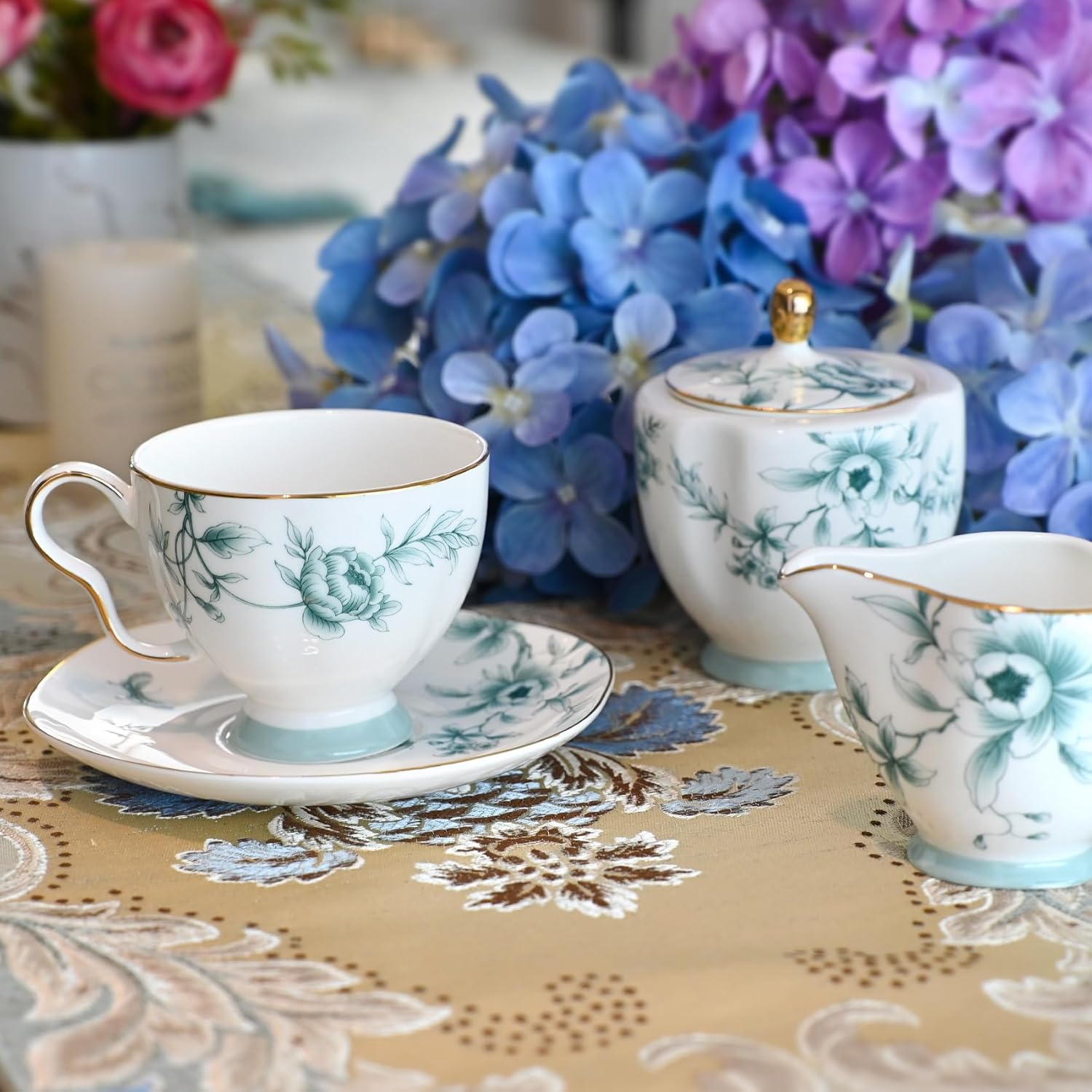 ACMLIFE Bone China Tea Sets for Adults, Blue and White Tea Gift Set, 21 Piece Porcelain, Cup and Saucer Set for 6 Vintage Floral Party for Women or Christmas Gifts Giving (Blue-Leaf-21) - Image 4