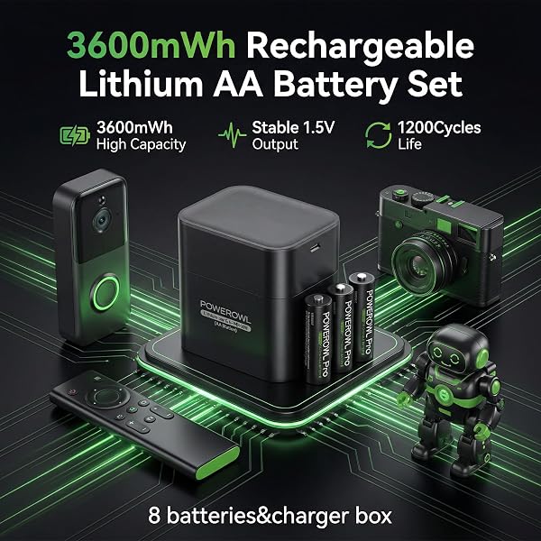 POWEROWL Rechargeable Lithium AA Batteries 8 Pack with Charger, 1.5V Stable Output 3600mWh Double A Battery with Lithium/NiMH Charger Storage Box for Camera/Game Controller - 2