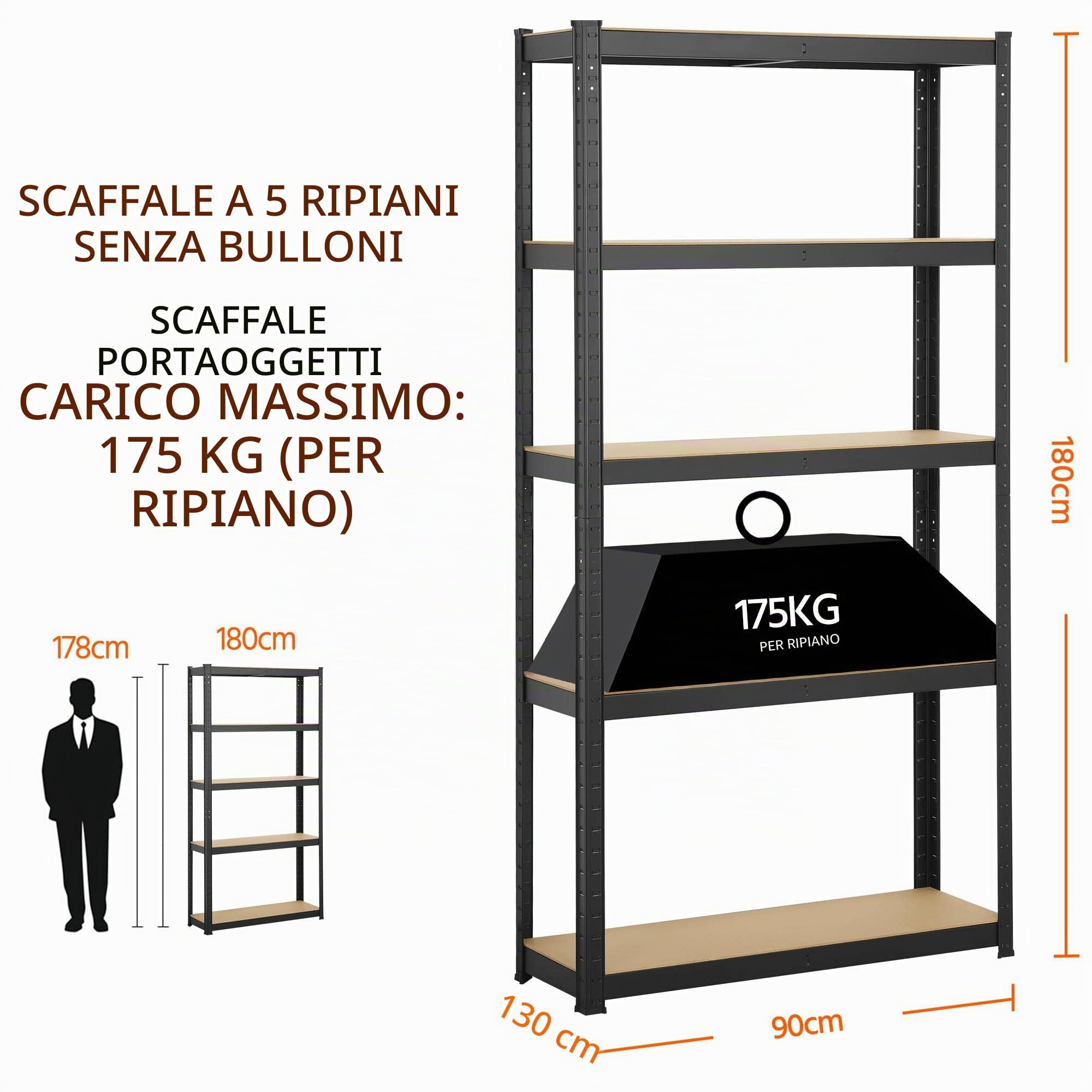 Yaheetech Scaffale da Garage 180 x 90 x 30 cm a 5 Ripiani Scaffalatura in Metallo e MDF Capacità di Carico 175kg senza Viti per Magazzino Lavanderia Negozio Nero