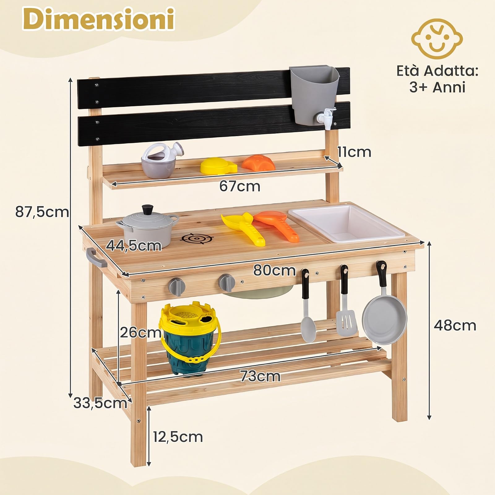 COSTWAY Cucina Giocattolo in Legno Massello per Bambini 3+ Anni, Cucinetta da Esterno per Giocare Sabbia, Acqua, Gioco Montessori con Piano Allungabile, Lavagna, Vari Utensili e Spazio di Stoccaggio