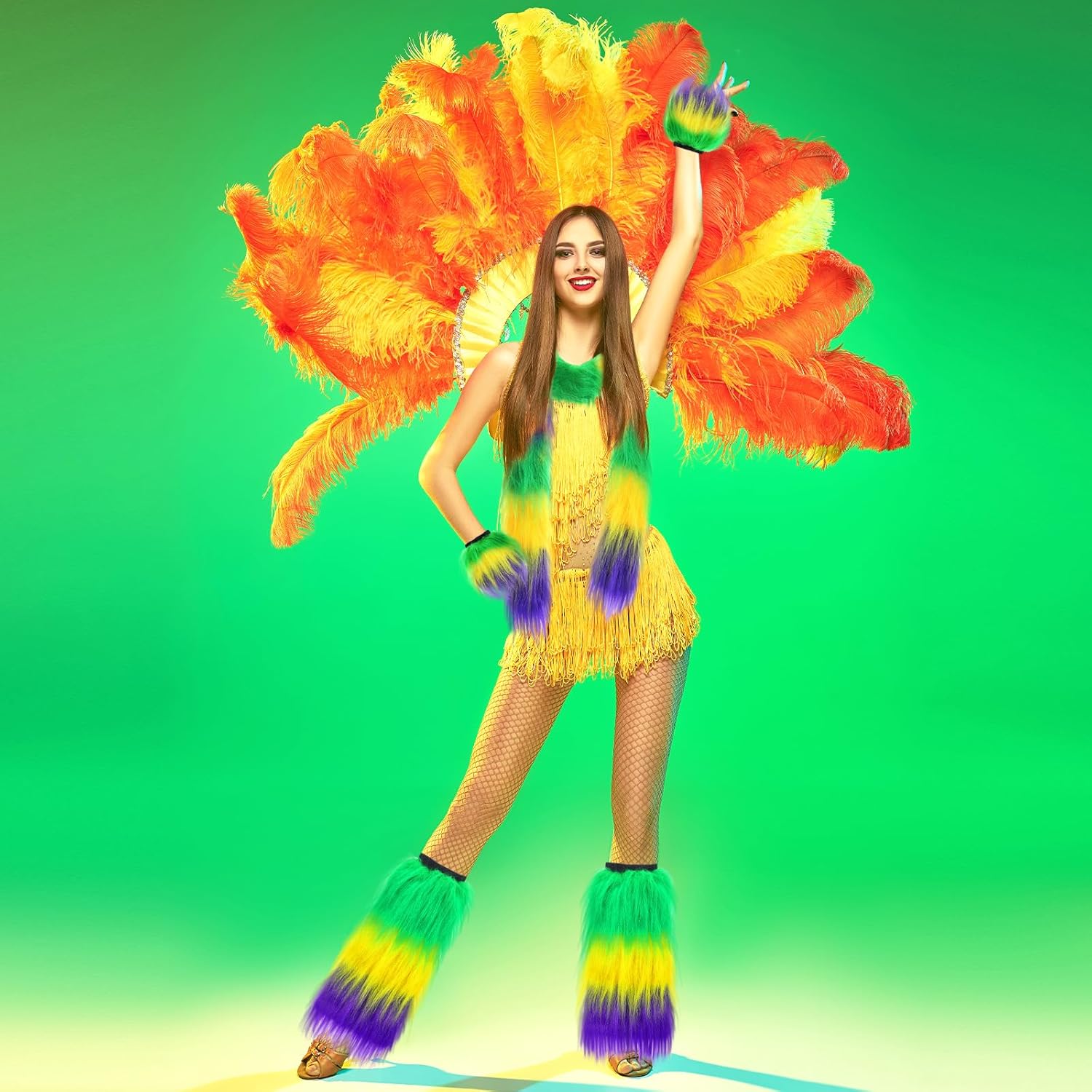 5 Pcs Mardi Gras Furry Leg Warmers Set for Women Include Fuzzy Boa and Fur Wrist Cuffs Mardi Gras Costume Accessories Unisex for Holiday Carnival Party Masquerade Costume Outfit - Image 5