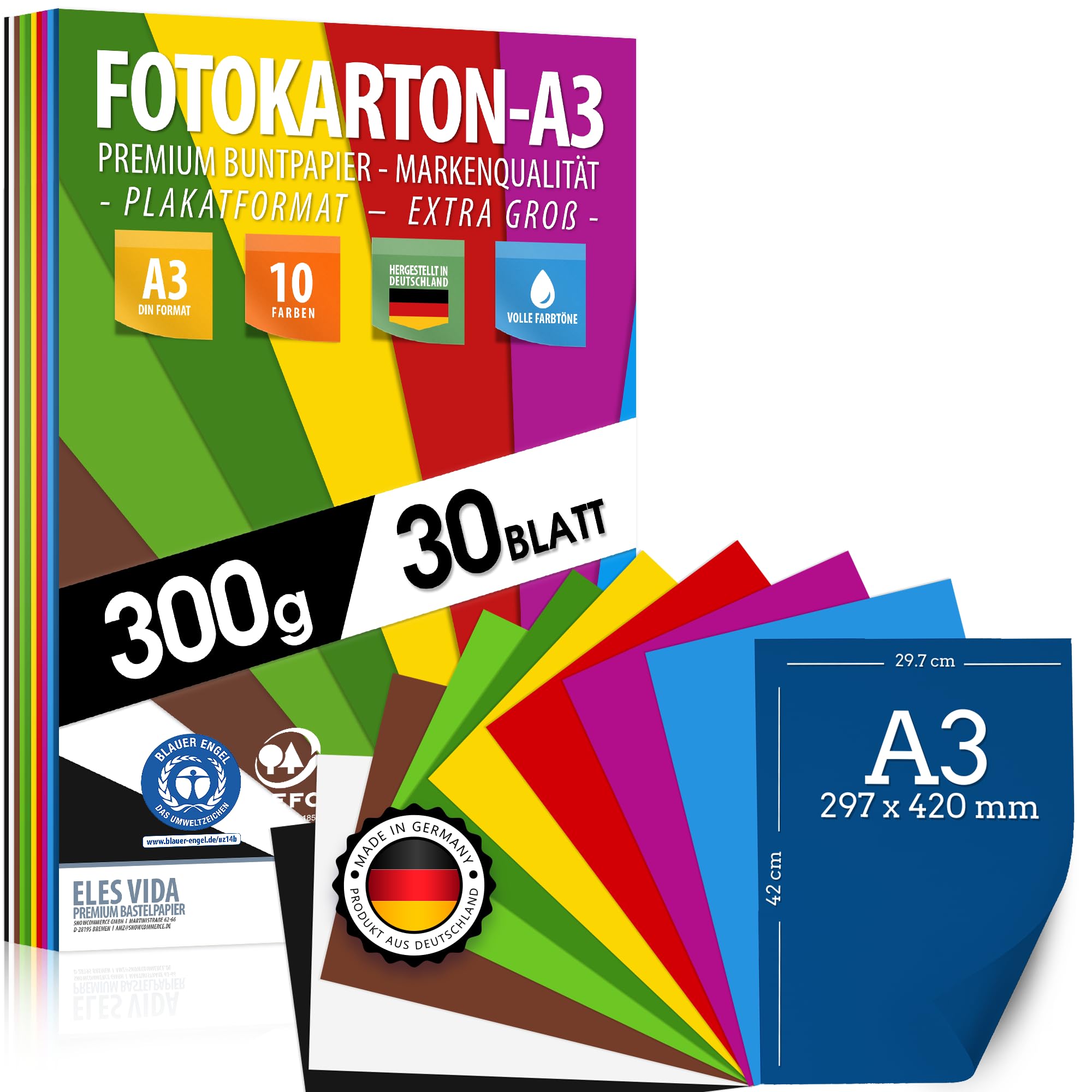 30 Sheets of Coloured Paper DIN A3 – Photo Cardboard Set 300 g/m² 10 Colours – Kraft Paper & Coloured Cardboard Sheets, Children's Sheets & Crafts, Be Creative, Made in Germany