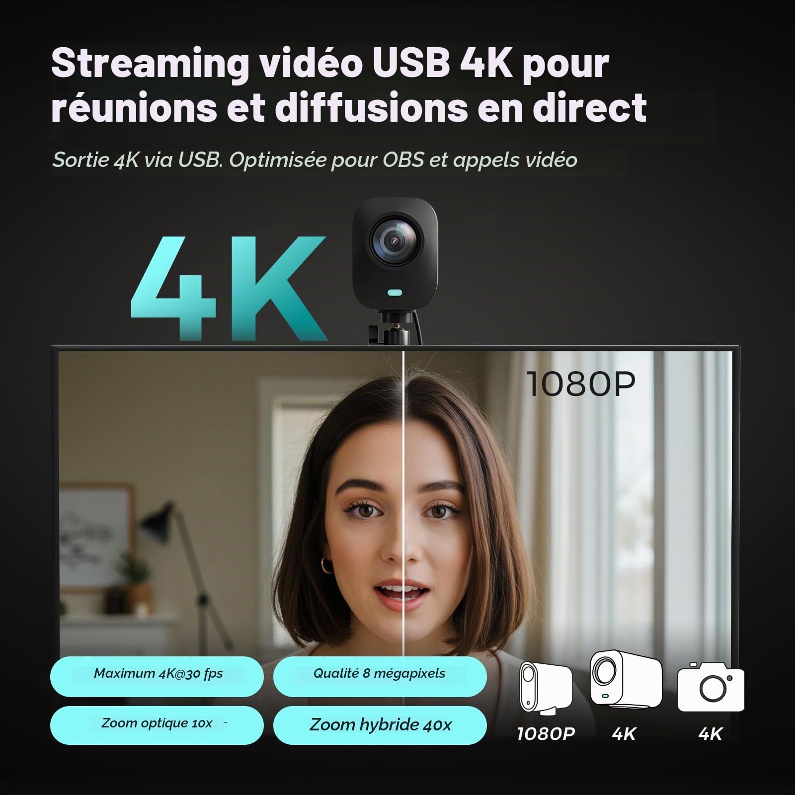 NearStream VM20 Caméra de Streaming 4K Filaire avec Zoom Hybride 40x