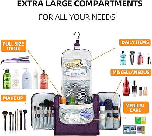 Miniatura 3 de Buruis Neceser de gran capacidad para mujeres y hombres, Púrpura, Extragrande, Classic