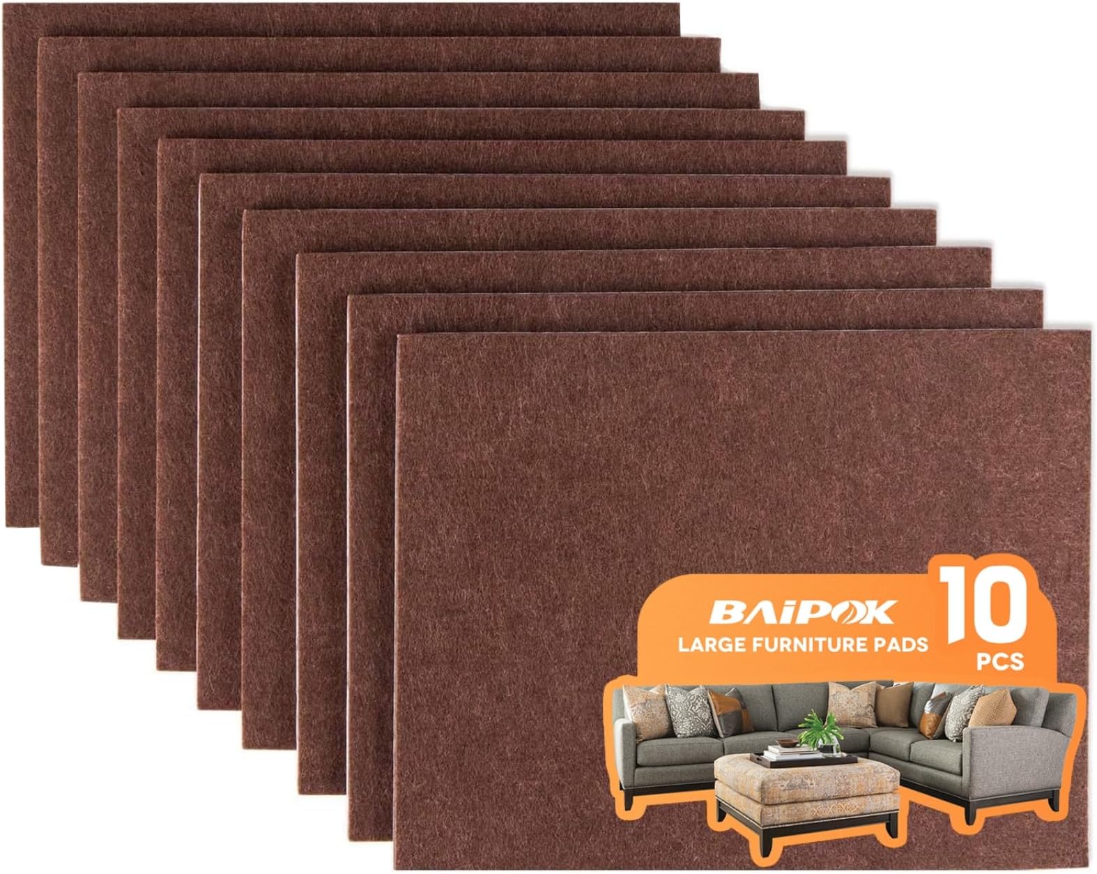 Furniture Pads 10 Pieces Self Adhesive Furniture Felt Pads, 8" x 6" Cuttable Felt Chair Pads, Anti Scratch Furniture Floor Protectors for Furniture Legs Hardwood Floor, Brown