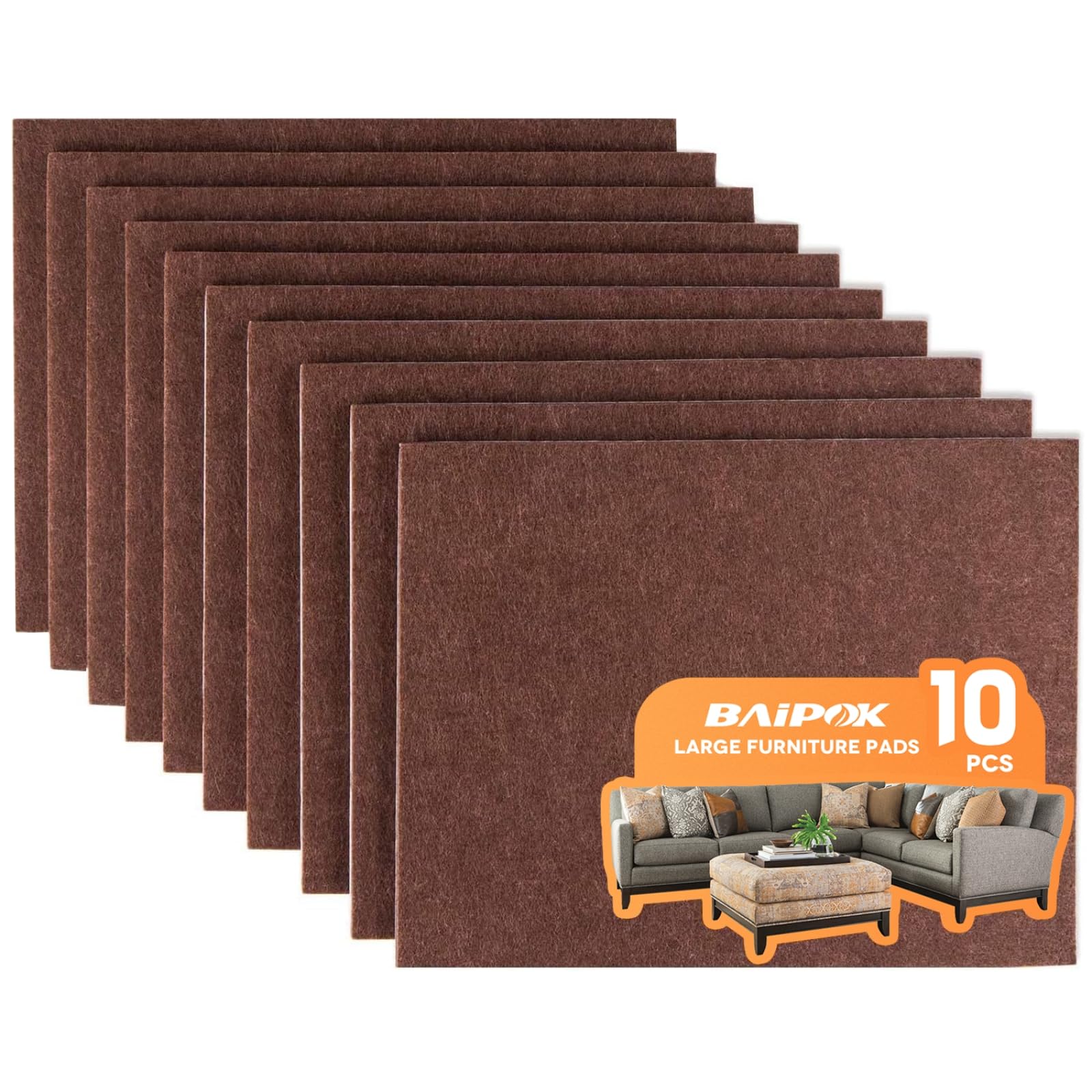 Furniture Pads 10 Pieces Self Adhesive Furniture Felt Pads, 8" x 6" Cuttable Felt Chair Pads, Anti Scratch Furniture Floor Protectors for Furniture Legs Hardwood Floor, Brown