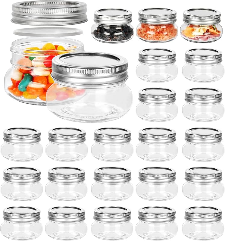 Betrome Paquete de 24 tarros de vidrio de 4 oz, tarros de conservas con tapas regulares | Recipientes de almacenamiento de vidrio de 120ml para avena durante la noche, mermelada, gelatina, miel, frijoles, especias, recuerdos de fiesta de boda, recuerdos de ducha