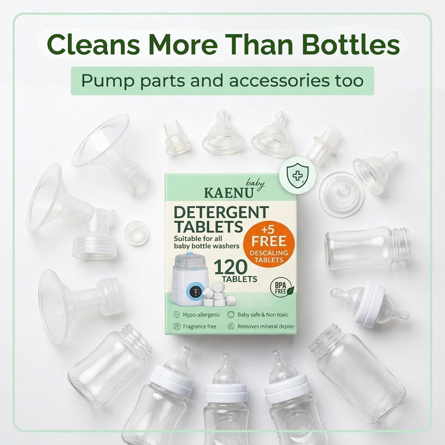 Bottle Washer Detergent Tablets -120PCS & 5 Free Descaling Tablets - Compatible with all Baby Bottle Washers, Baby Brezza, Momcozy & Grownsy - Removes Milk Residue from Bottles & Pump Parts
