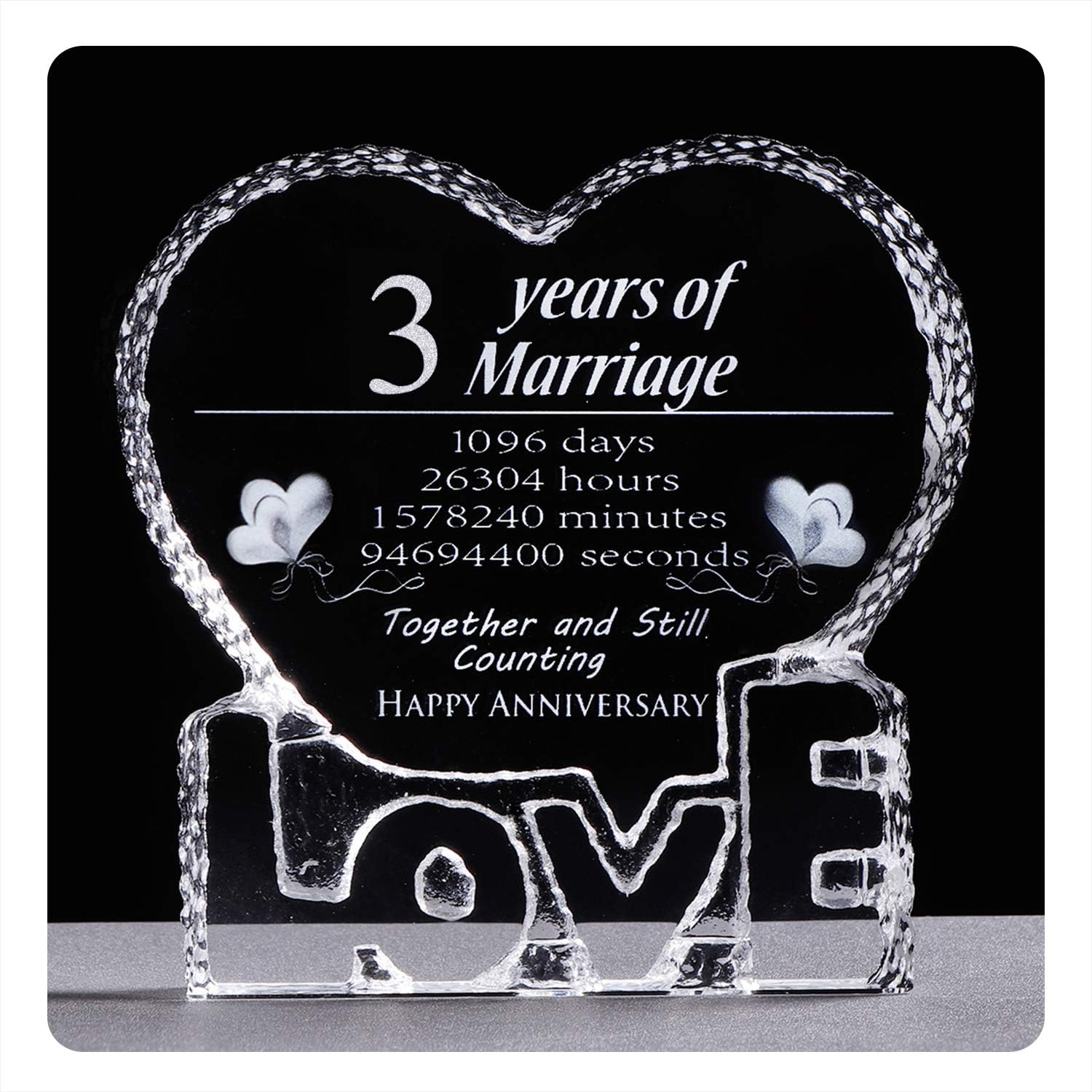 YWHL3 Year Anniversary Crystal Gifts for Him Her, Laser Engraved 3rd Wedding Anniversary Keepsake for Couples, Anniversary Decoration for Wife Husband