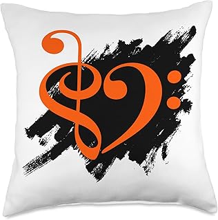 Treble and Bass Clefs Orange Musical Heart Grunge Brush Strokes Throw Pillow