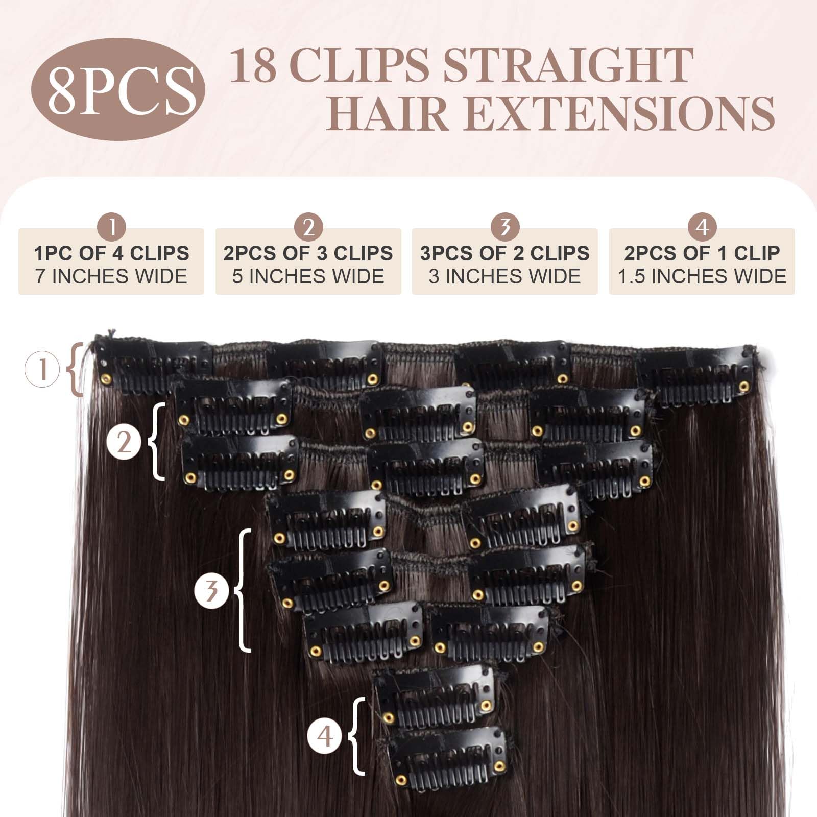 SEGOHAIR Hair Extensions Clip in 8Pcs 18 Clips Synthetic Fiber Seamless 23" Long Straight Full Head -Dark Brown - Image 2