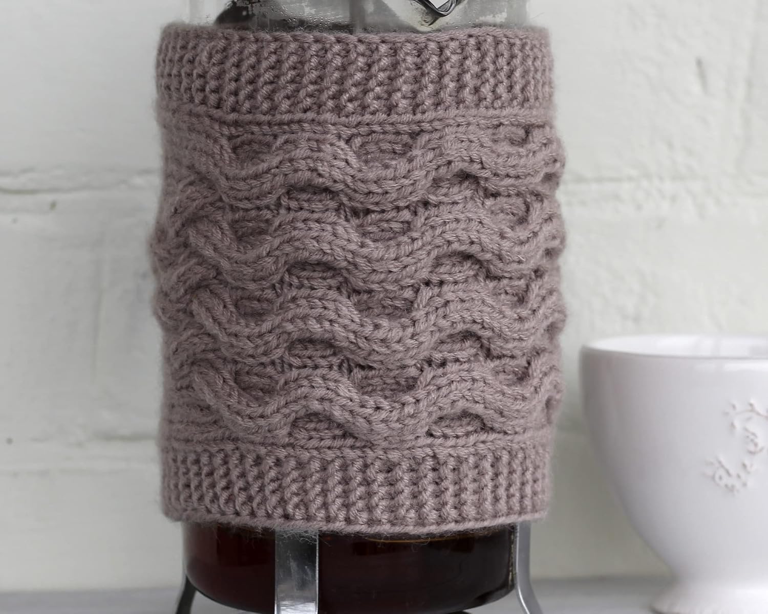 Hand Knit French Press Cozy Wool Warmer Cover Holiday Table Decor Tan Light Brown Tea Pot Housewarming Gift