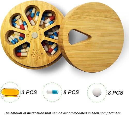 Miniatura 2 de Pastillero de madera de bambú para medicina, vitamina semanal, apto para artritis, 7 días, contenedor mediano, estuche de píldoras de viaje portátil