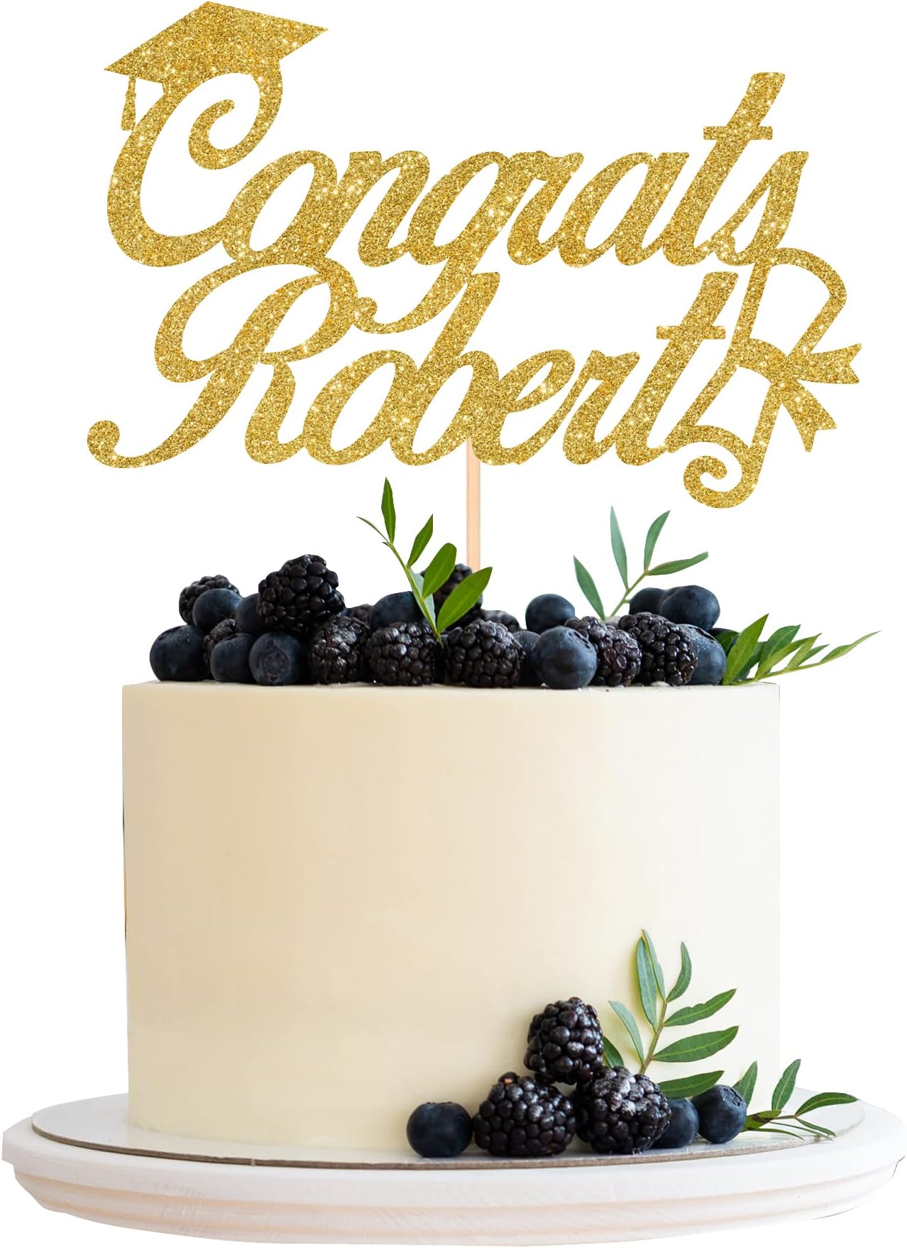 Pomchick, Personalised Congrats Name Glitter Cake Topper, Approx. 6โ, Gold Silver Black +6 Colours, Graduation Hat Prom Diploma Scroll Cap Class of Theme Birthday Party Decoration