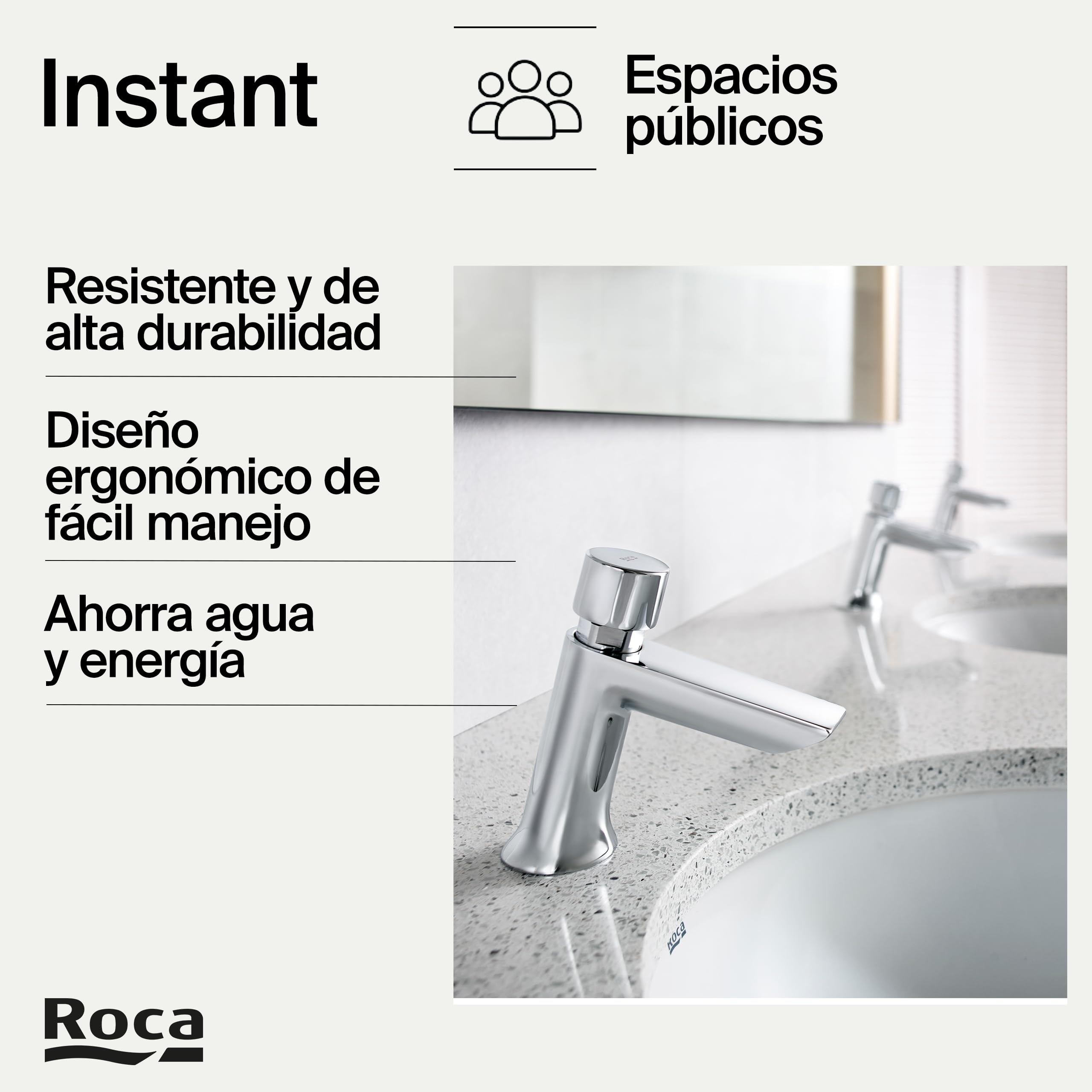 Roca Instant Grifería para lavabo temporizada, grifo monomando de repisa con pulsador, mezclador para cuarto de baño con limitador de caudal y cierre automático en 15 segundos, cromado, A5A4277C00