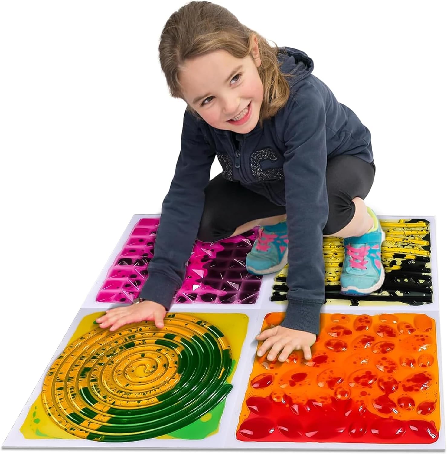 Sensory Floor Lava Tiles: Sensory Liquid Tiles Colorful Liquid Fusion Activity Play Mat, Textured Sensory Lava Tiles for Ages 3 to Adults, 11.8″ X 11.8″ Set of 4 Square Multicolor