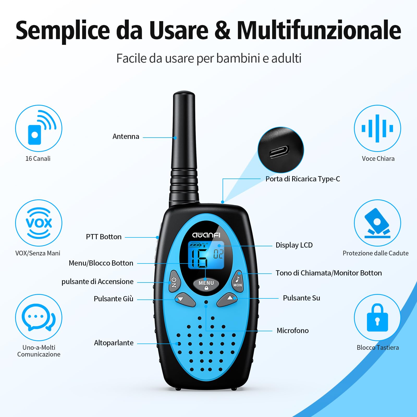 Walkie Talkie Ricaricabili AWANFI - 16 Canali, Portata 5 Km, Batteria 1200mAh, Type-C - Per Campeggio E Escursioni - Foto 6
