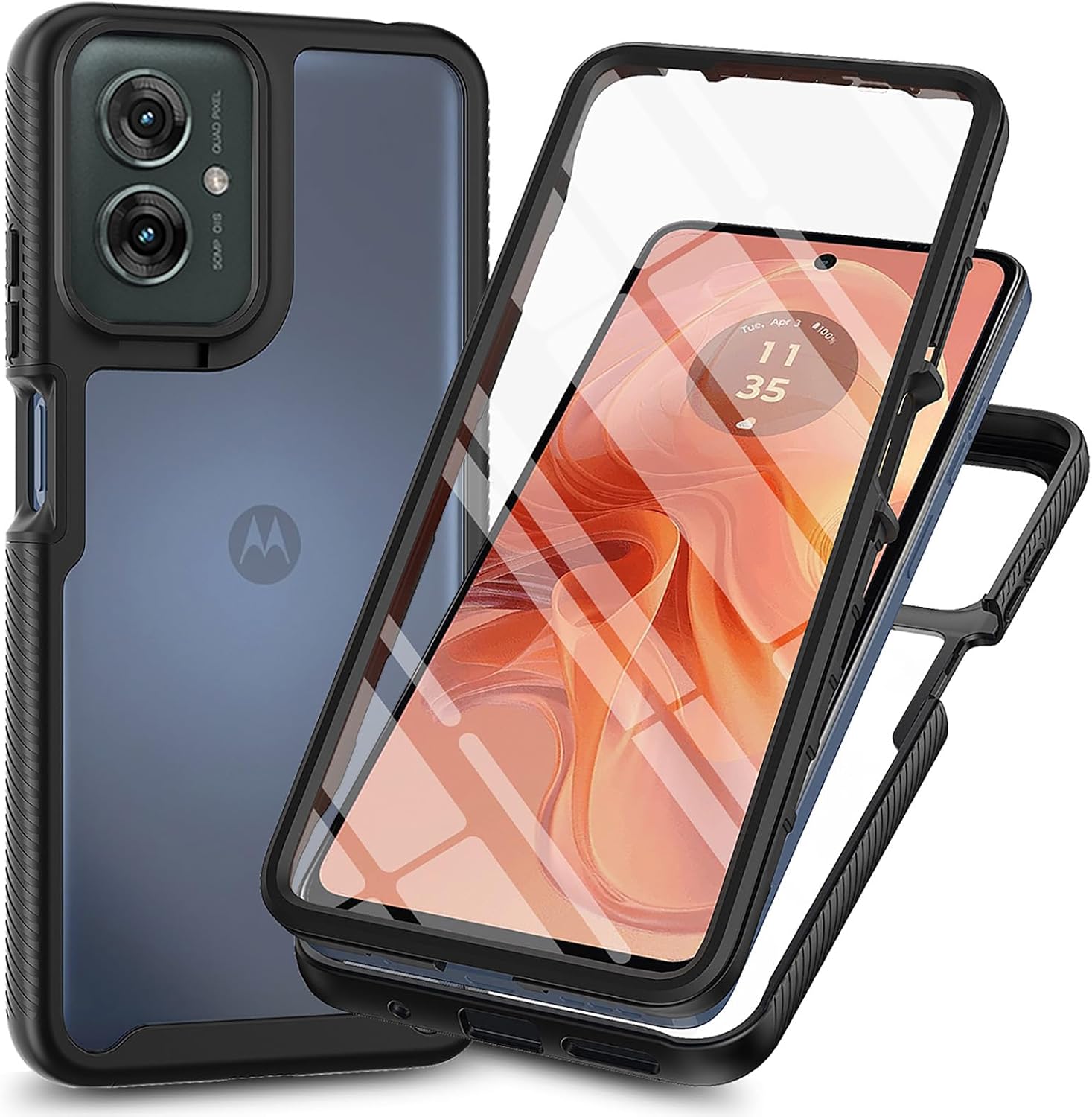 UPLAI Etui do Motorola Moto G55 5G z Ochraniaczem Tempered Screen, 360 ​​Odporny na wstrząsy Przezroczysty Wojskowy Pokrowiec Ultra Cienki Silikon TPU Case, Czarny