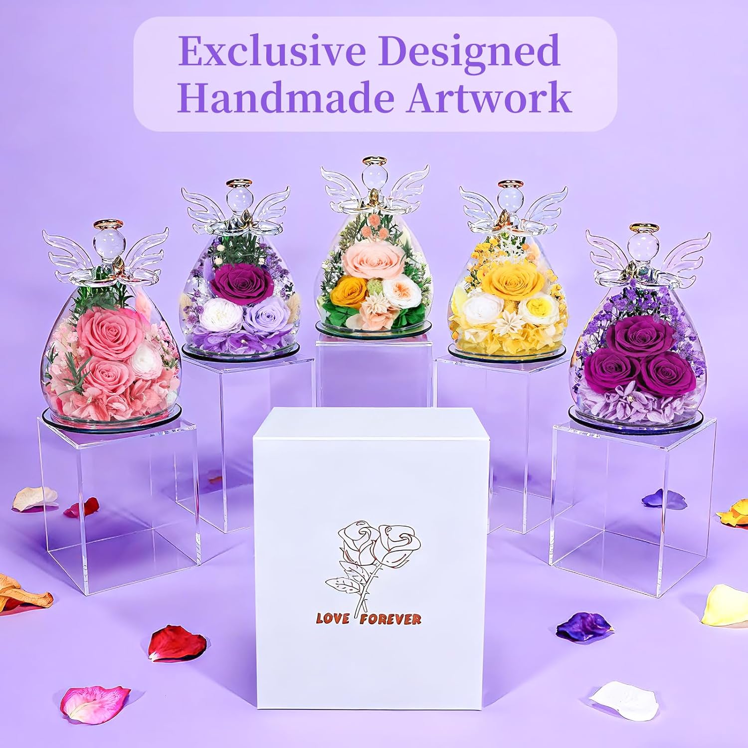 Gifts for Women Preserved Rose Forever Flower Eternal Roses in Glass Angel Figurines Fresh Flowers for Delivery Prime Christmas Birthday Gift for Mom Her Wife Grandma on Valentines Day Anniversary - Image 8