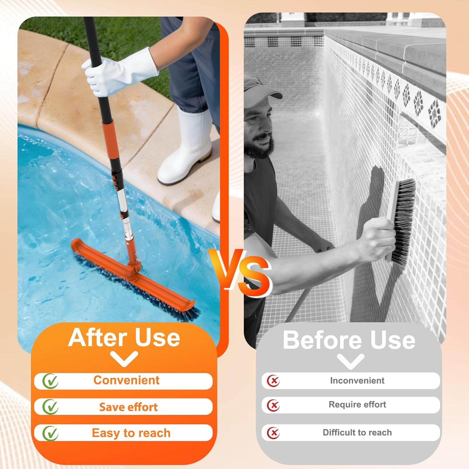 4-in-1 Pool Brush with Pole, Heavy Duty 18" Pool Brush Head, 5" Stainless Steel Brush and Hand-Held Pool Scrub Brush for Inground & Above Ground Pools, Pool Scrubber Brush with 12FT Pole