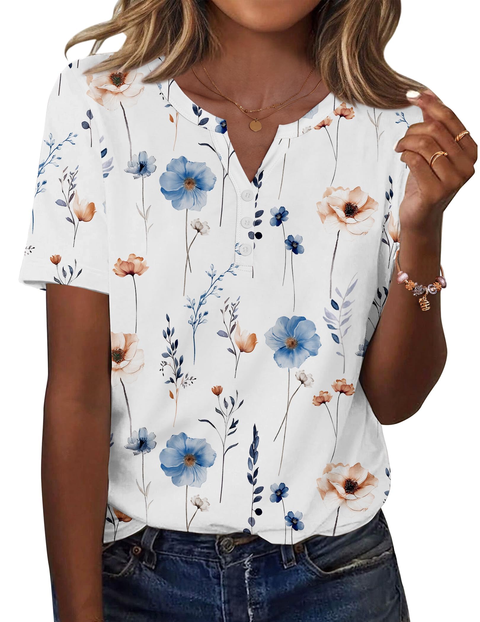 Topy damskie z krótkim rękawem, dekolt w serek, tunika, top z nadrukiem, elegancka luźna koszula z zapięciem na guziki (wielokolorowe, S-XXL)