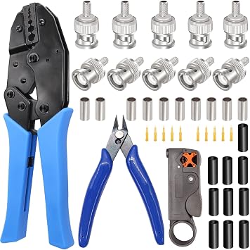 Taiss Coax Cable Crimper Tool Kit,coax cable crimper with 20 PCS F Style RG6 Compression connectors + BNC Crimp tool with 10PCS BNC Connector,Coax Coaxial BNC Crimping Tool for RG58/RG59/RG62/RG174