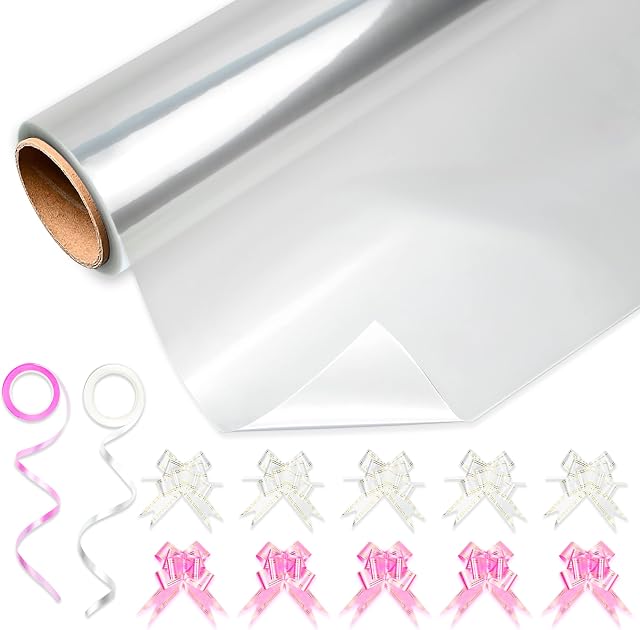 HURUC Clear Cellophane Wrap for Hampers 40cmx30m with Large 10 Pull Bows 2 Ribbons & 5 Gift Tags, Florist Cellophane Wrap Rolls to pack Gifts Chocolates Flowers for Birthday, Anniversary, Wedding
