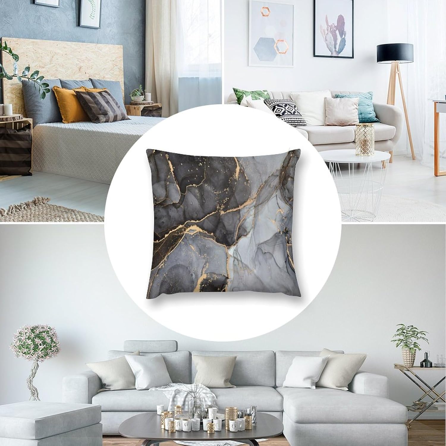 Marble Pillow Covers Set of 2,Modern Luxury Black Gray Gold Texture Aesthetic Art Throw Pillow Covers 20x20 Inches Cotton Square Pillow Cover Set for Couch Bed Living Room Outdoor Decor 20 "x20 "