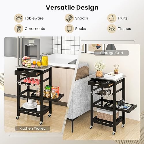 Miniatura 5 de Giantex Carrito de isla de cocina, carrito de almacenamiento móvil de cocina con mesa de acero inoxidable, cajón, cesta, estante, bandeja de servir,