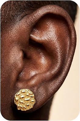 925 Sterling Silver Post Nugget Earrings for Men Hypoallergenic 14K Gold Plated Mens Stud Earrings Rough Textured Round Cookie Nugget Stud for Women Men Unisex Statement Present