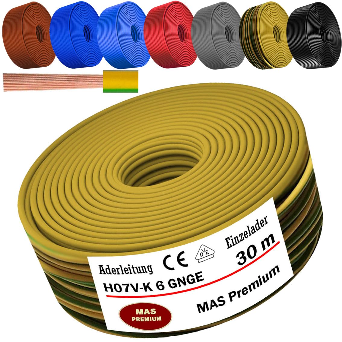 Cable Electrico de 5 a 100 m H07 V-K 6 mm² negro, marrón, azul oscuro, amarillo verdoso, gris, rojo o azul claro, cable individual flexible (amarillo verdoso, 30 m)