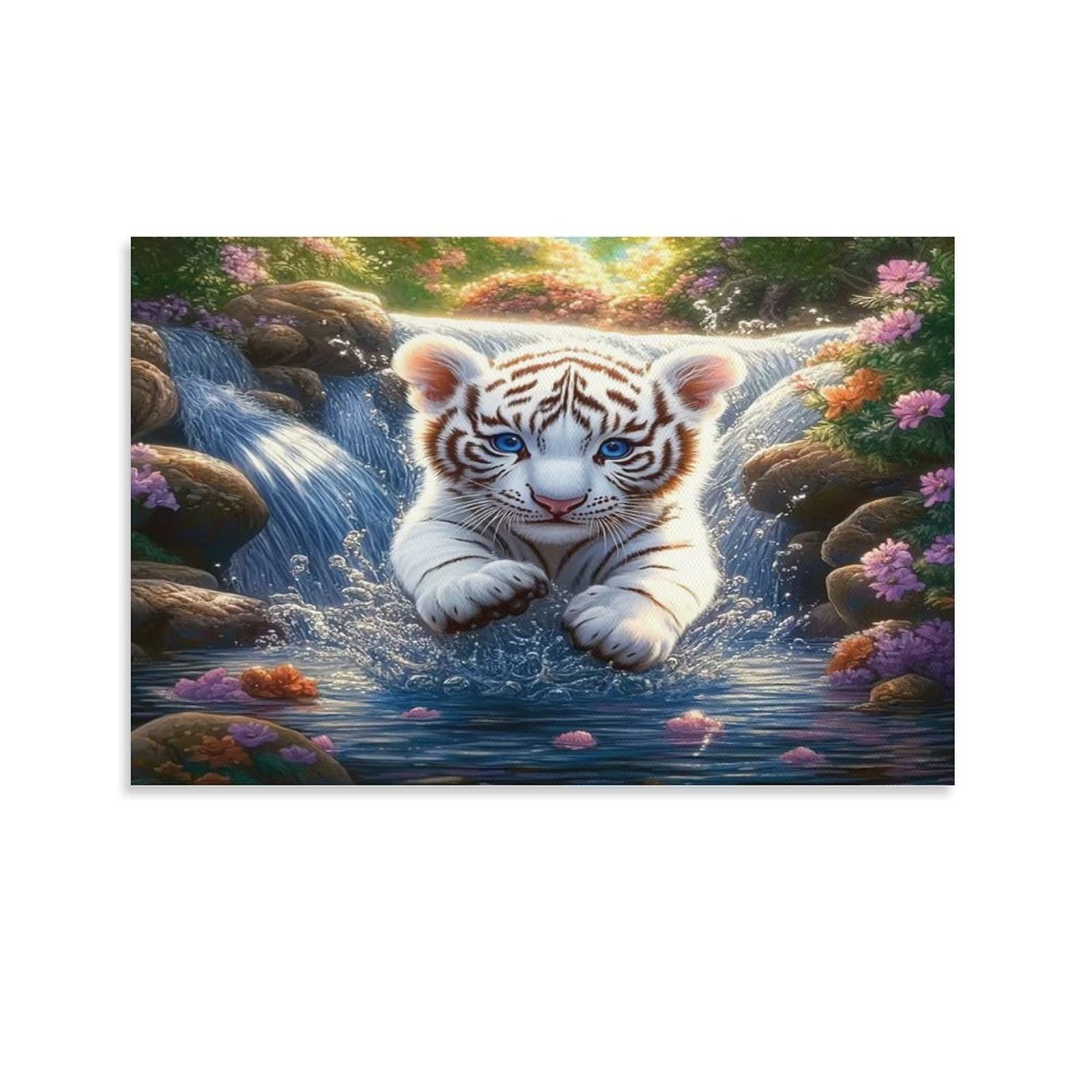 Snowy Mountain Tiger Family Portrait Single Piece White Tiger Cub Splashing Flower Lined Waterfall Canvas Wall Decor - Kitchen Removable Wall Art Multi-Purpose Ready to Hang 20x30inch(50x75cm)