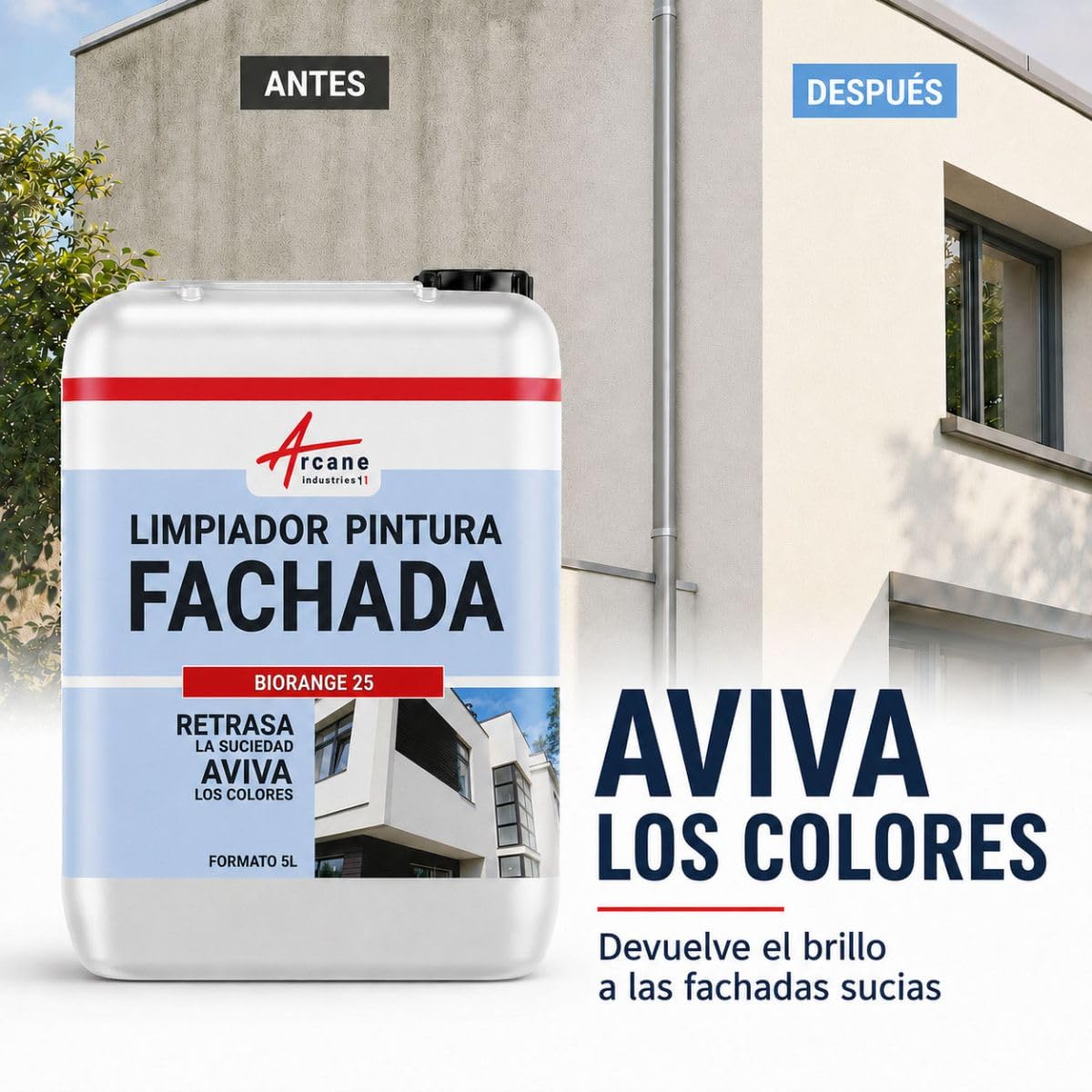 Limpiador de Fachadas, Renovador de Tejados, Paredes, Revoco y Pintura 20 L | Devuelve el Brillo, Fachada, Revoco, Rpe, Revestimientos, Enlucidos, Cemento, Hormigón y Aluminio - Arcane Industries