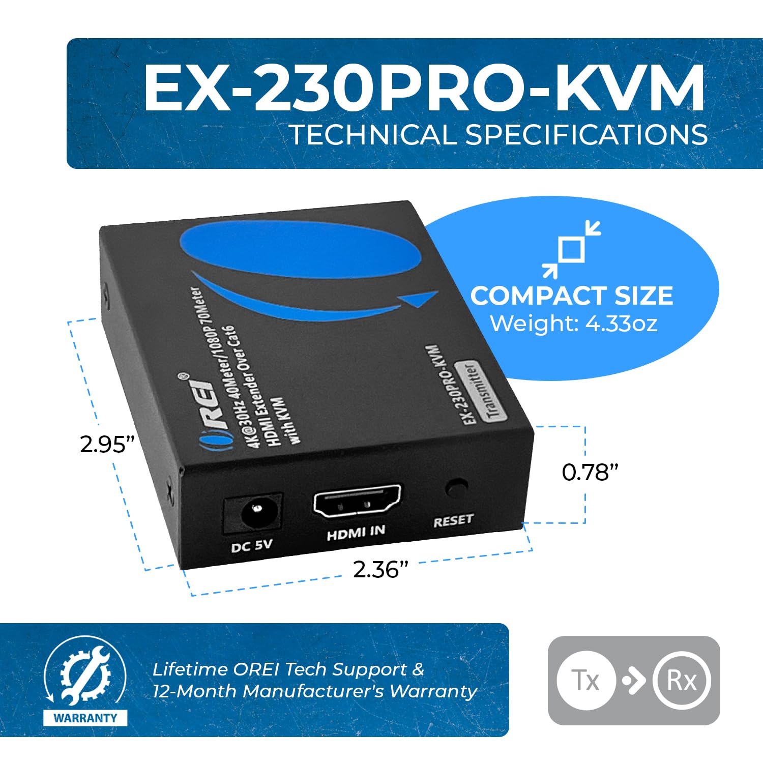 OREI KVM 4K HDMI Extender Balun sur un seul câble Ethernet CAT6/7 4K, 30 Hz jusqu'à 40 m – 2 ports USB 1.1, prend en charge le clavier et la souris