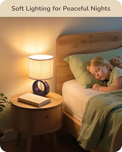 Miniatura 7 de EDISHINE Lámpara de mesa de madera de 13.4 pulgadas, pequeña lámpara de noche con pantalla de lino beige e interruptor de encendido y apagado, base