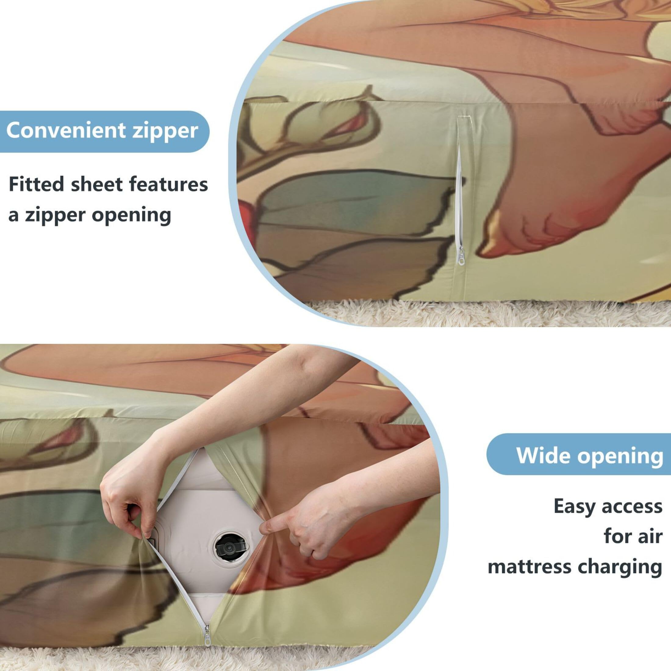 Cute Angel - Sábana bajera ajustable individual para colchón de aire, bolsillo extra profundo de 24 pulgadas, funda suave y transpirable con apertura de válvula de cremallera para cama de